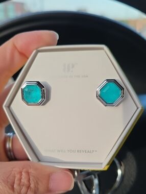 Hexagon Turquoise Stone Stud Earrings - Silver Frame